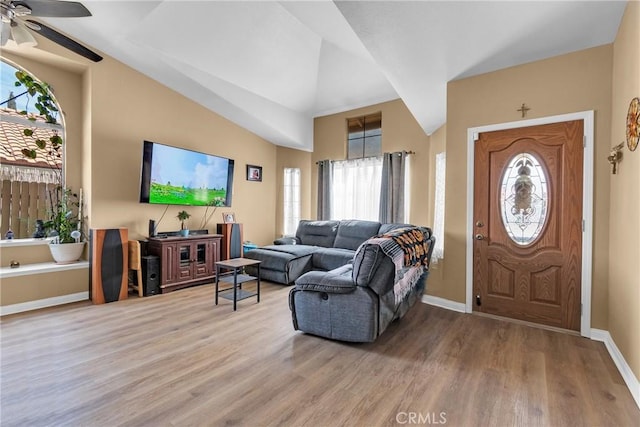 25351 Chicago Ave, Hemet, CA 92544 - foyer entrance featuring baseboards, light wood-type flooring, lofted ceiling, and a ceiling fan