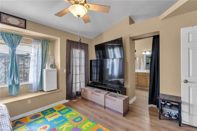 25351 Chicago Ave, Hemet, CA 92544 - rec room featuring lofted ceiling, ceiling fan, baseboards, and wood finished floors