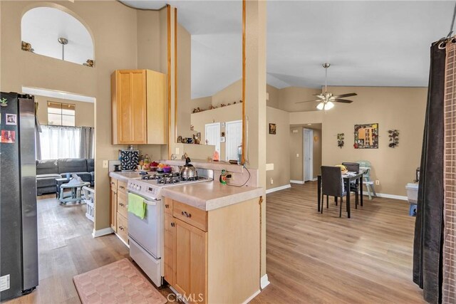 25351 Chicago Ave, Hemet, CA 92544 - kitchen featuring light countertops, freestanding refrigerator, white gas range oven, and light brown cabinetry