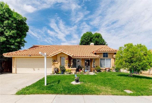 25351 Chicago Ave, Hemet, CA 92544 - ranch-style home with concrete driveway, stucco siding, a garage, and a front lawn