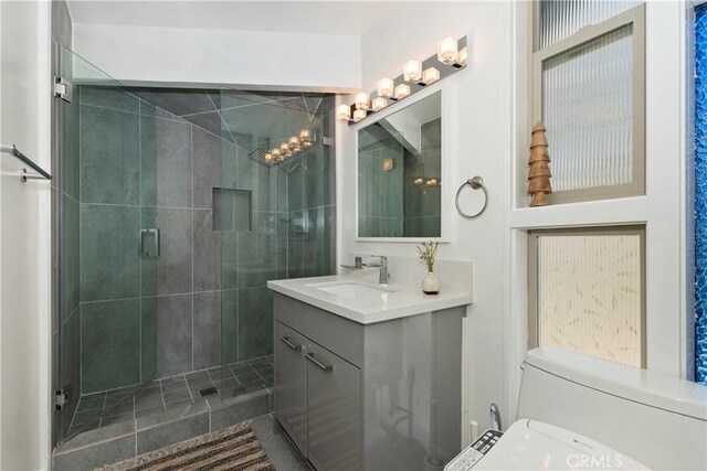 27637 St Bernard Ln, Lake Arrowhead, CA 92352 - bathroom with toilet, a shower stall, and vanity