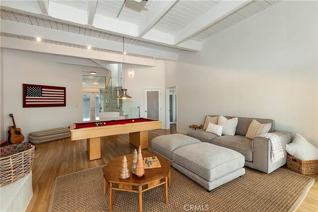 27637 St Bernard Ln, Lake Arrowhead, CA 92352 - rec room featuring vaulted ceiling with beams, pool table, french doors, and light wood finished floors