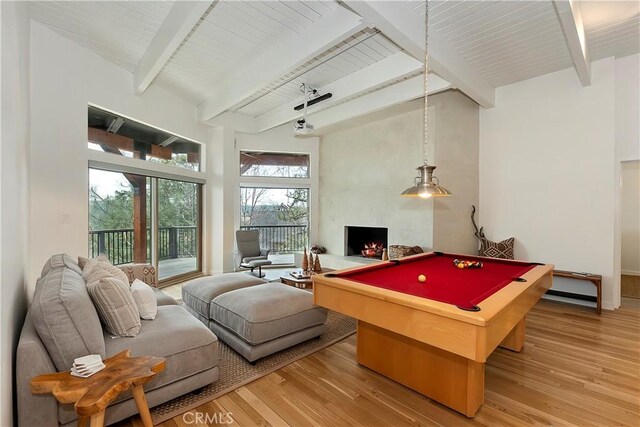 27637 St Bernard Ln, Lake Arrowhead, CA 92352 - recreation room featuring billiards, beamed ceiling, wooden ceiling, and light wood-style floors