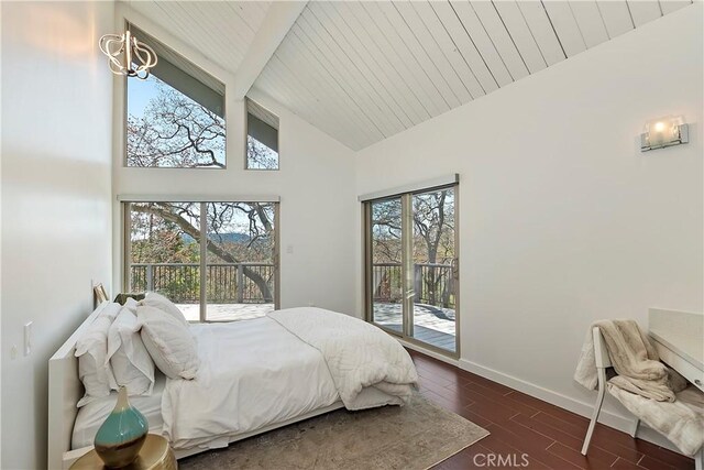27637 St Bernard Ln, Lake Arrowhead, CA 92352 - bedroom featuring access to exterior, baseboards, a chandelier, beam ceiling, and wood ceiling
