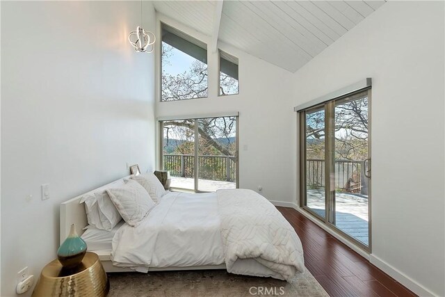 27637 St Bernard Ln, Lake Arrowhead, CA 92352 - bedroom with access to exterior, multiple windows, dark wood-style floors, high vaulted ceiling, and baseboards