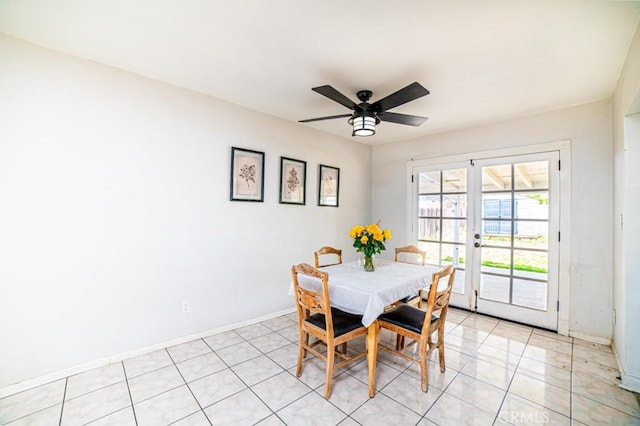 25176 Silent Creek Rd, Moreno Valley, CA 92553 - dining room with french doors, baseboards, a ceiling fan, and light tile patterned floors