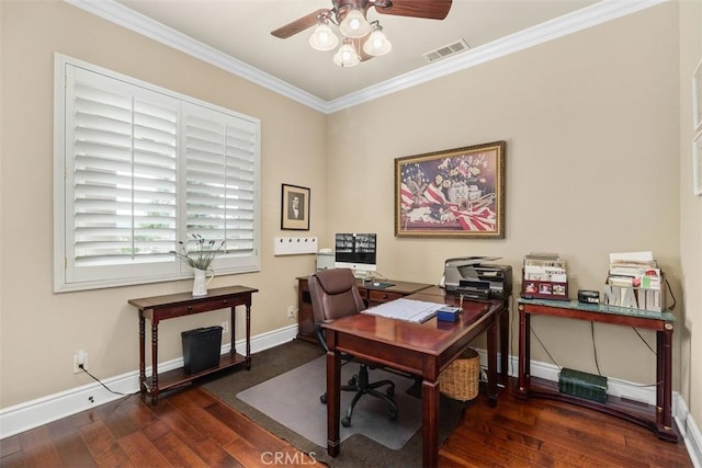 office area with baseboards, ornamental molding, visible vents, ceiling fan, and wood-type flooring