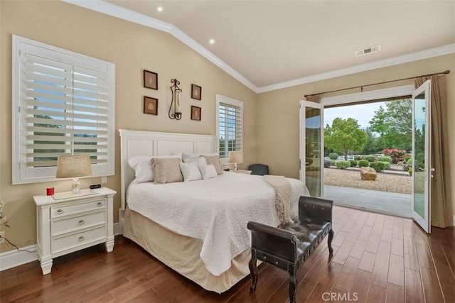 bedroom featuring visible vents, ornamental molding, dark wood-style floors, vaulted ceiling, and access to exterior