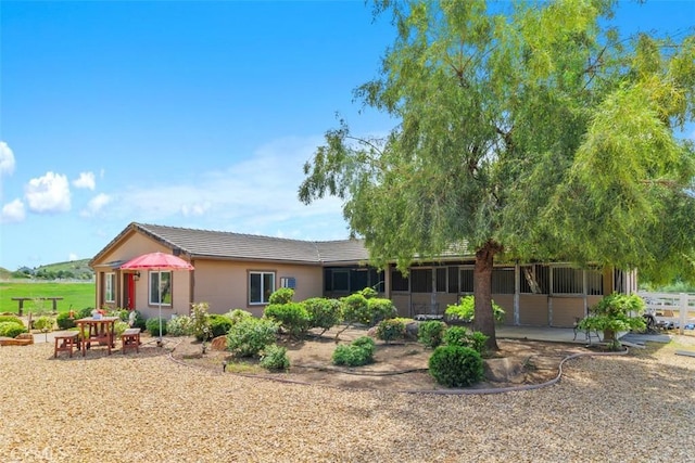 rear view of house with a patio area, a tiled roof, a sunroom, and stucco siding