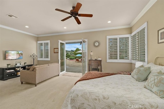 carpeted bedroom with recessed lighting, visible vents, and access to outside