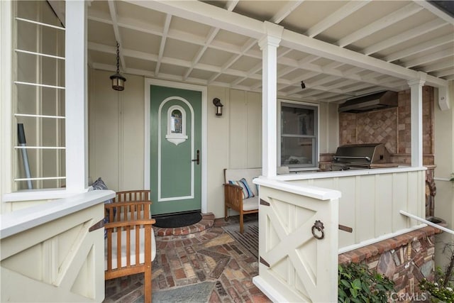 doorway to property with an outdoor kitchen and stone siding
