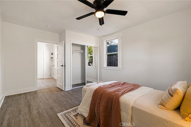 bedroom featuring wood finished floors, ceiling fan, baseboards, and a closet