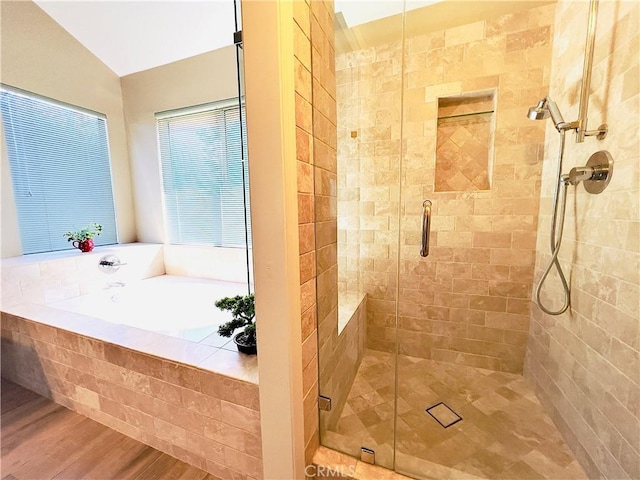17346 Cold Spring Cir, Riverside, CA 92503 - bathroom with a garden tub, a shower stall, and wood finished floors