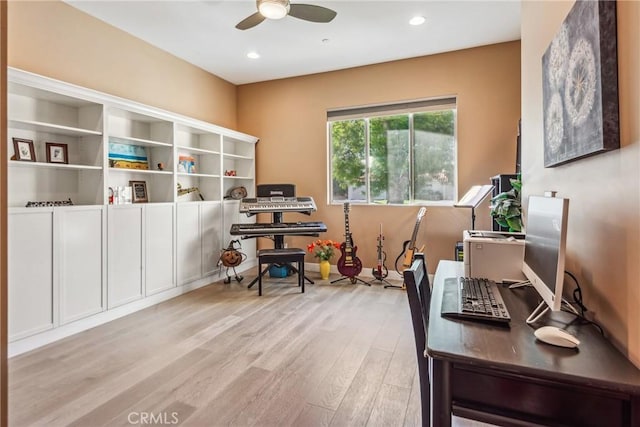 interior space featuring recessed lighting, wood finished floors, and ceiling fan