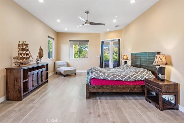 bedroom featuring recessed lighting, light wood finished floors, access to exterior, and baseboards