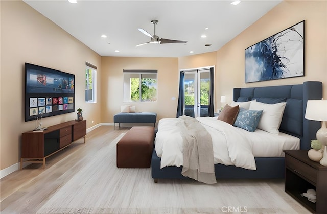 bedroom featuring baseboards, recessed lighting, a ceiling fan, access to exterior, and wood finished floors