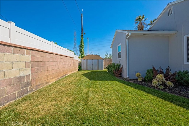 view of yard featuring an outbuilding, a fenced backyard, and a shed