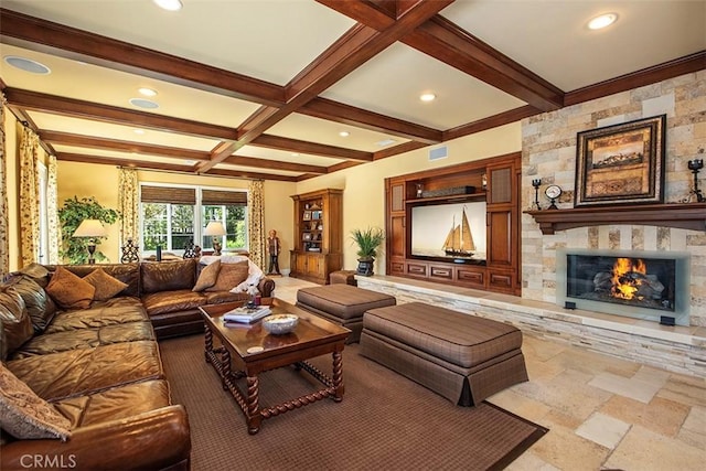 living room with recessed lighting, coffered ceiling, beamed ceiling, a fireplace, and visible vents