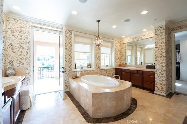 bathroom featuring a garden tub, crown molding, tile patterned flooring, and wallpapered walls