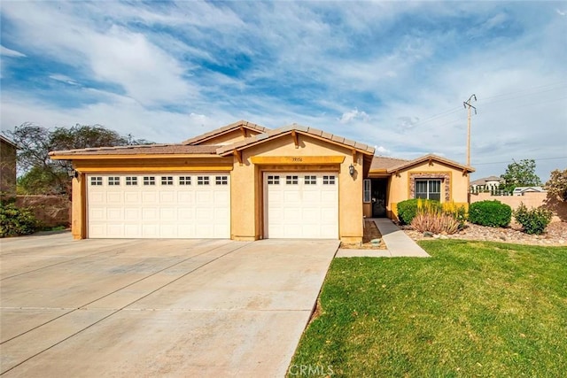 39356 Nicole Dr, Palmdale, CA 93551 - ranch-style house featuring a front yard, a garage, a tile roof, concrete driveway, and stucco siding