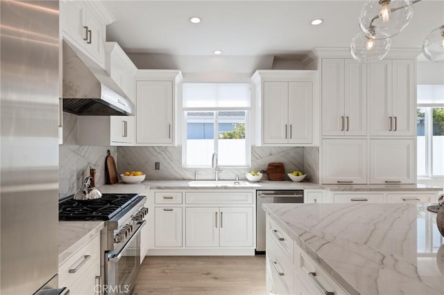 kitchen featuring high end appliances, a sink, exhaust hood, and a healthy amount of sunlight