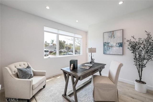 office with recessed lighting, light wood-type flooring, and baseboards