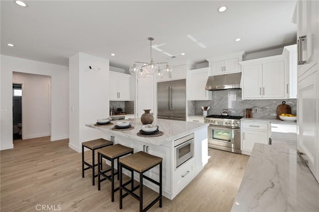 kitchen with tasteful backsplash, built in appliances, white cabinets, baseboards, and under cabinet range hood