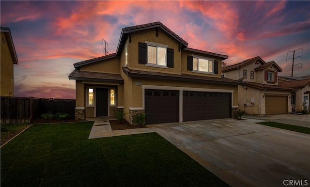 29605 Camino Cristal, Menifee, CA 92584 - view of front facade with a tiled roof, stone siding, concrete driveway, fence, and a garage