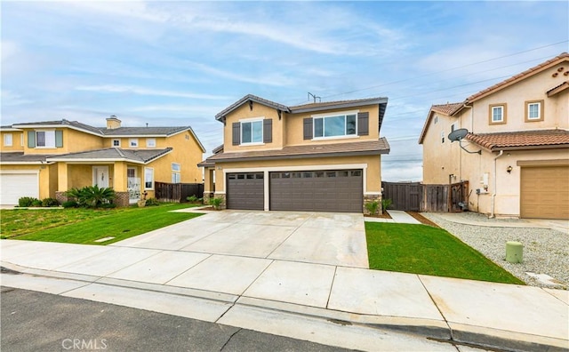 29605 Camino Cristal, Menifee, CA 92584 - view of front of property with fence, a front lawn, concrete driveway, stucco siding, and a garage