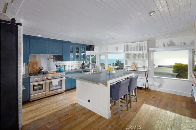 kitchen featuring glass insert cabinets, light wood-style floors, a breakfast bar area, double oven range, and blue cabinets