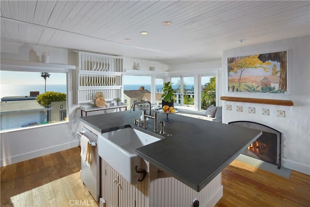 kitchen with baseboards, dishwasher, dark countertops, wood finished floors, and a lit fireplace