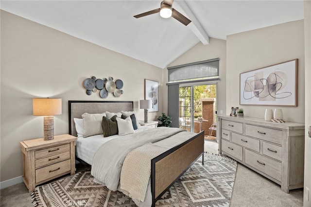 bedroom with vaulted ceiling with beams, baseboards, access to outside, light colored carpet, and ceiling fan