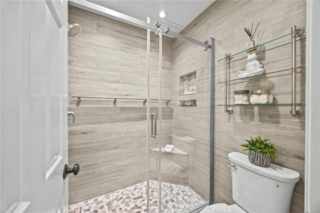 full bathroom featuring a stall shower and toilet