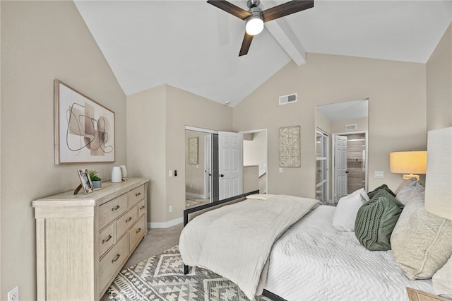 bedroom with high vaulted ceiling, beamed ceiling, light colored carpet, baseboards, and visible vents