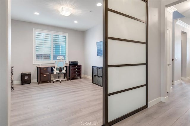 17963 Passionflower Ln, San Bernardino, CA 92407 - office space with light wood finished floors, baseboards, and recessed lighting