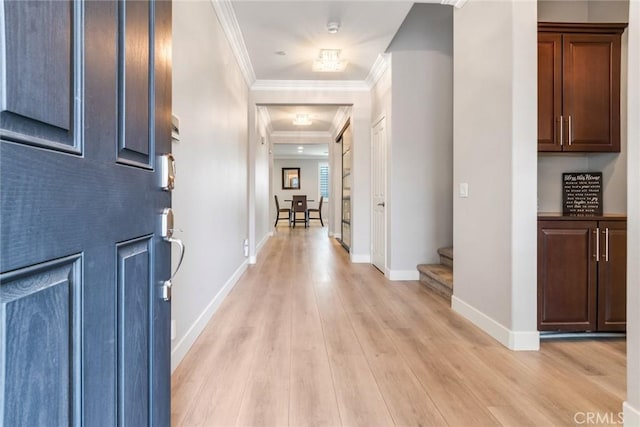 17963 Passionflower Ln, San Bernardino, CA 92407 - entrance foyer with light wood-type flooring, stairway, crown molding, and baseboards