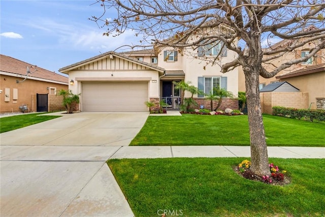 17963 Passionflower Ln, San Bernardino, CA 92407 - view of front facade featuring stucco siding, an attached garage, concrete driveway, and a front lawn