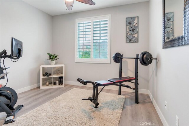 17963 Passionflower Ln, San Bernardino, CA 92407 - workout area featuring wood finished floors, a ceiling fan, and baseboards