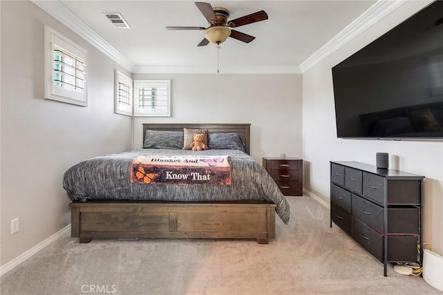 17963 Passionflower Ln, San Bernardino, CA 92407 - carpeted bedroom featuring crown molding, baseboards, and a ceiling fan