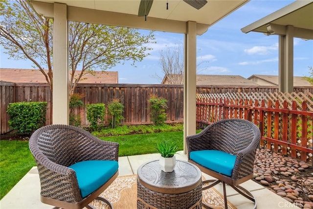 17963 Passionflower Ln, San Bernardino, CA 92407 - view of patio / terrace featuring ceiling fan and a fenced backyard