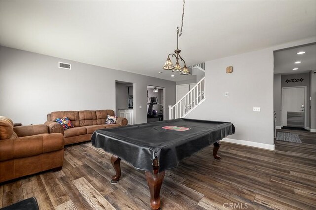 29465 Siderite Cir, Menifee, CA 92584 - recreation room featuring wood finished floors, pool table, a chandelier, baseboards, and recessed lighting