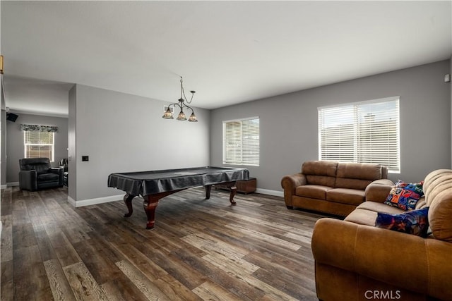 29465 Siderite Cir, Menifee, CA 92584 - recreation room with dark wood-style floors, baseboards, and billiards table