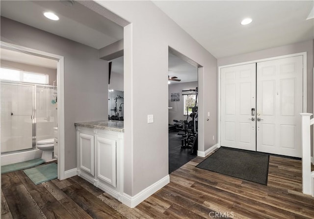 29465 Siderite Cir, Menifee, CA 92584 - foyer with dark wood finished floors, baseboards, recessed lighting, and ceiling fan