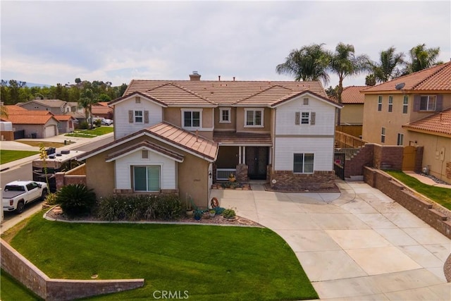 29465 Siderite Cir, Menifee, CA 92584 - view of front facade featuring a chimney, a tile roof, a residential view, and stucco siding
