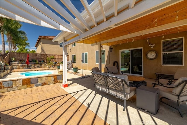 29465 Siderite Cir, Menifee, CA 92584 - fenced backyard featuring a hot tub, a patio area, and outdoor lounge area