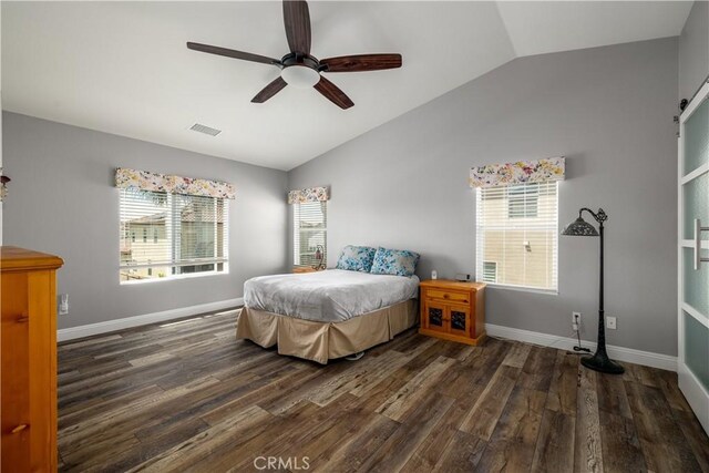 29465 Siderite Cir, Menifee, CA 92584 - bedroom featuring vaulted ceiling, wood finished floors, ceiling fan, and baseboards