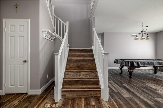 29465 Siderite Cir, Menifee, CA 92584 - stairway featuring billiards table, wood finished floors, and baseboards