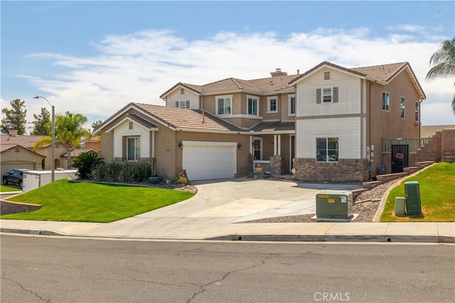 29465 Siderite Cir, Menifee, CA 92584 - traditional-style home with a garage, a tiled roof, concrete driveway, brick siding, and stucco siding