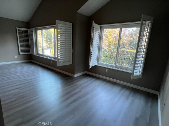 spare room with a healthy amount of sunlight, wood finished floors, baseboards, and lofted ceiling
