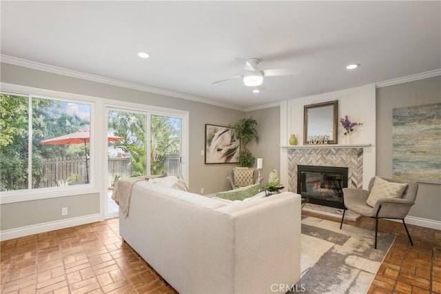 24921 Canyon Rim Pl, Lake Forest, CA 92630 - living room featuring recessed lighting, baseboards, brick floor, and a fireplace